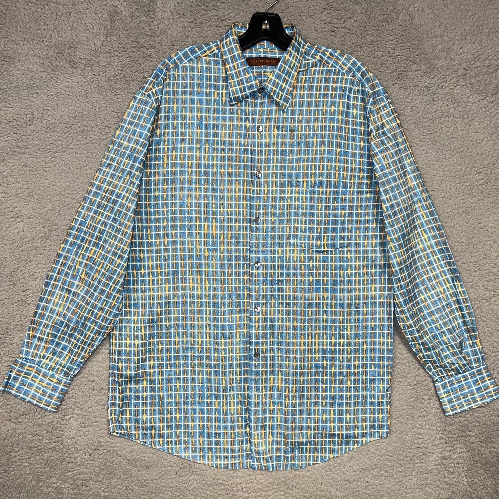 Tori Richard Shirt Men's‎ Sz L Blue Yellow Check Flannel Cotton Lawn Button Down